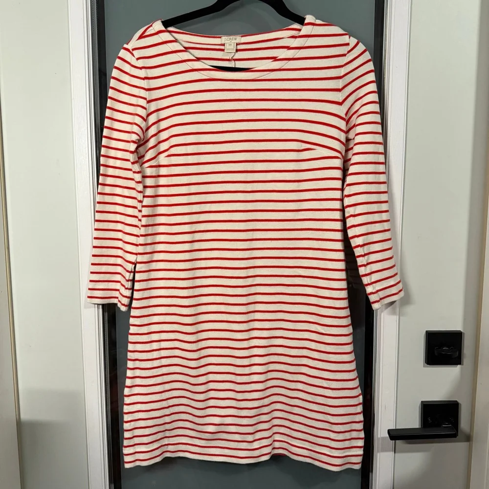 Women's J.Crew White Red Striped Boat Neck 3/4 Sleeve Mini Dress XXS